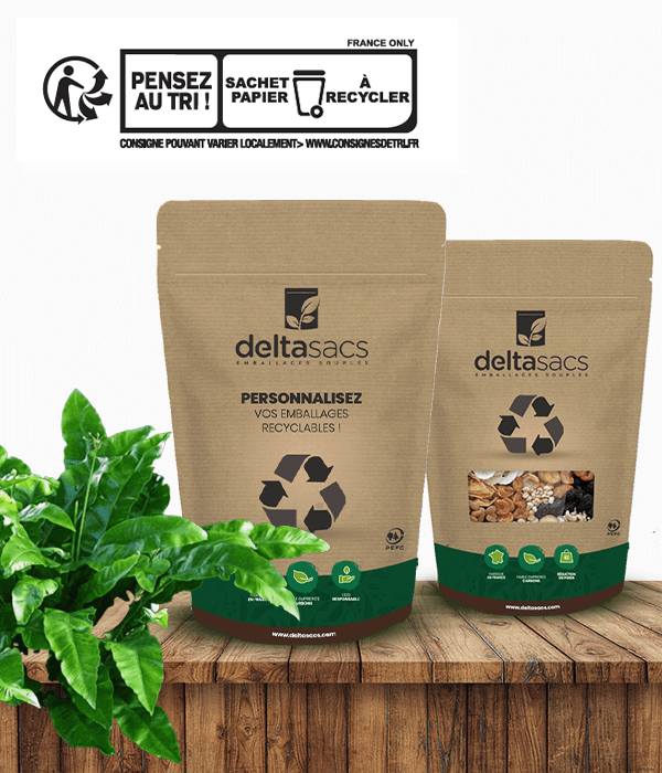 Recyclable kraft film stand-up pouch with or without window - Deltasacs France